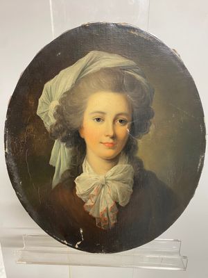 tableau représentant une femme coiffée d'un bonnet blanc et vêtue d'une robe marron