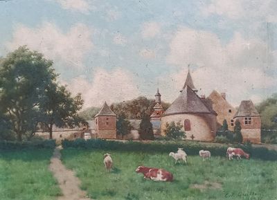 a painting of cows grazing in a field near a house
