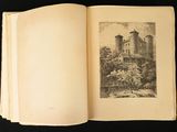 an open book with a picture of a castle in the background