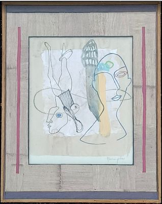 tableau représentant un homme avec un oiseau et une femme portant un chapeau