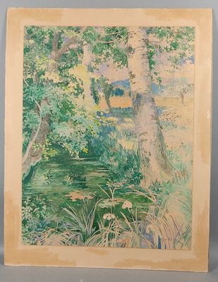 une image représentant un tableau où l'on voit une rivière et des arbres dans une forêt