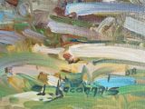 a painting of an airplane that is on the ground