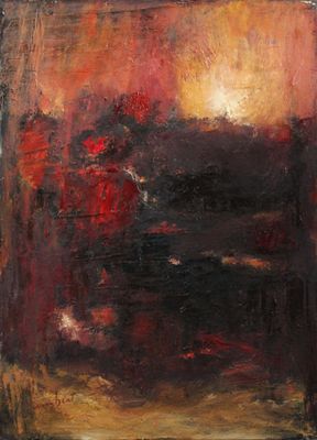an oil painting of a red and black painting on a white background
