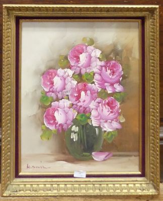 a painting of pink flowers in a vase on a table