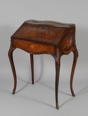 an antique writing table with a drawer on one side and a drawer on the other side
