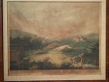 an old painting of a man riding a horse in a mountainous landscape