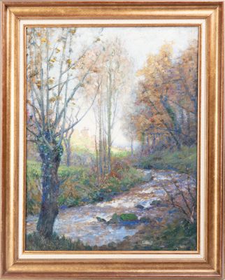 an oil painting of a stream running through a wooded area