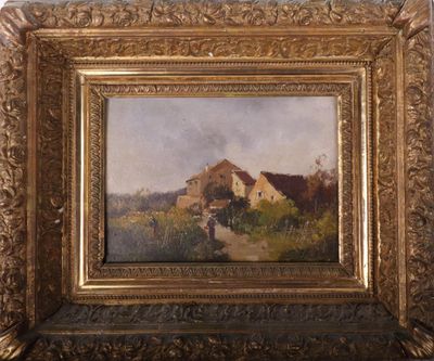 une peinture à l'huile représentant une scène de ferme avec une maison à l'arrière-plan