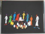 painting of a group of people standing in a circle on a black background
