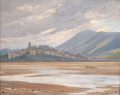 painting of a view of a town with a mountain in the background