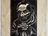 a black and white drawing of a man with a beard