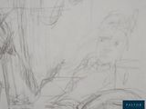 drawing of a man sitting in a chair with a cat