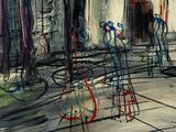 a painting of a group of bicycles parked in front of a building
