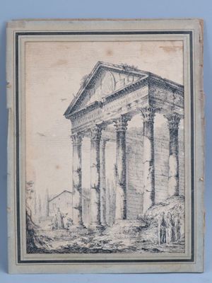 un vieux dessin représentant un bâtiment avec des colonnes et un homme debout devant celui-ci