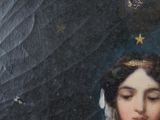 painting of a woman in a red dress with a star above her head