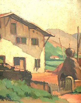 a painting of a house with a thatched roof on a hill