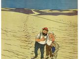 an illustration of a man and a woman walking in the desert with a dog