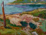 an oil painting of a beach scene with a wooden post in the foreground