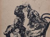 drawing of a woman sitting on a chair with a dog in her lap