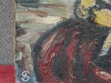 un tableau représentant un homme à cheval sur un fond rouge