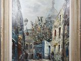 une peinture à l'huile représentant une scène de rue avec une église à l'arrière-plan