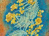tableau représentant des fleurs jaunes dans un vase vert sur fond bleu