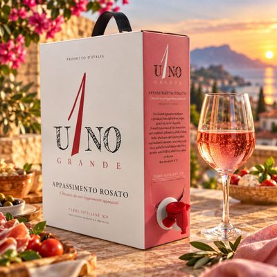 une boîte d'Uno Grande à côté d'un verre de vin