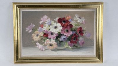 an oil painting of a vase of flowers on a table