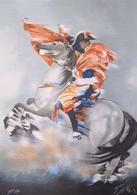 tableau représentant un homme à cheval, vêtu d'une tenue orange et bleue