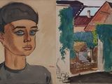 painting of a boy with a cap and a house in the background