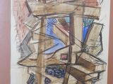 drawing of a picture of a wooden structure with a window in the background