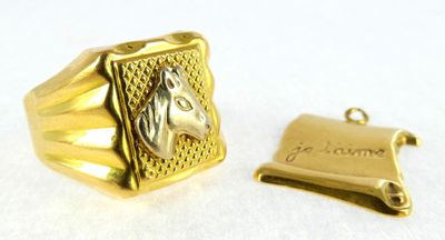 an image of a gold ring with a horse head on it