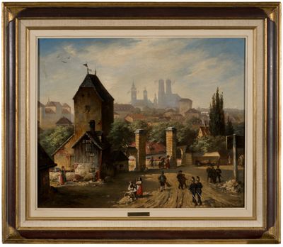 painting of a village scene with a church and a horse drawn carriage