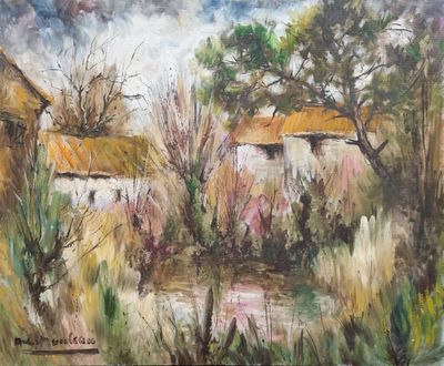 an oil painting of an old farm with a pond in the foreground