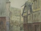 a painting of a city street with buildings on both sides of the street