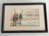 painting of two men with guns on a beach by a body of water