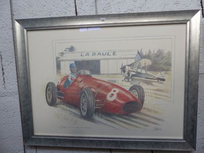 tableau représentant une voiture de course rouge devant un hangar
