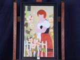 un tableau représentant une femme en robe rouge posée sur un chevalet