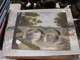 a picture of a painting of a bridge over a river