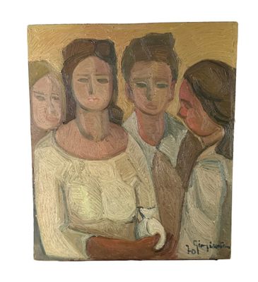 an oil painting of a group of people standing next to each other