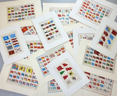 a lot of postcards of different countries on a table