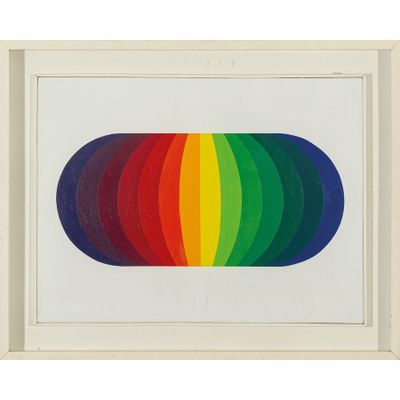 une photo encadrée représentant un arc-en-ciel de couleurs, dans un cadre blanc