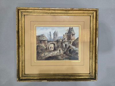 un vieux tableau représentant une scène de village, avec des moutons au premier plan et un château à l'arrière-plan