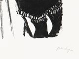 drawing of a woman in a black dress with a hat and a cane