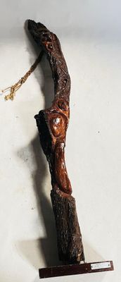 a wooden stick that is on display on a table