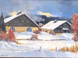 painting of a winter scene with a barn and trees in the foreground