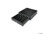an image of a black cash drawer with four keys in it