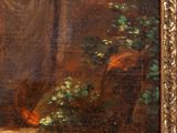 an old painting of a woman in a white dress and a cat