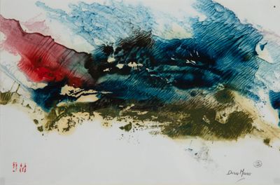 représentation d'une peinture abstraite bleue et rouge sur un papier blanc