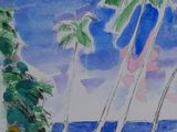 a watercolor painting of a beach scene with palm trees